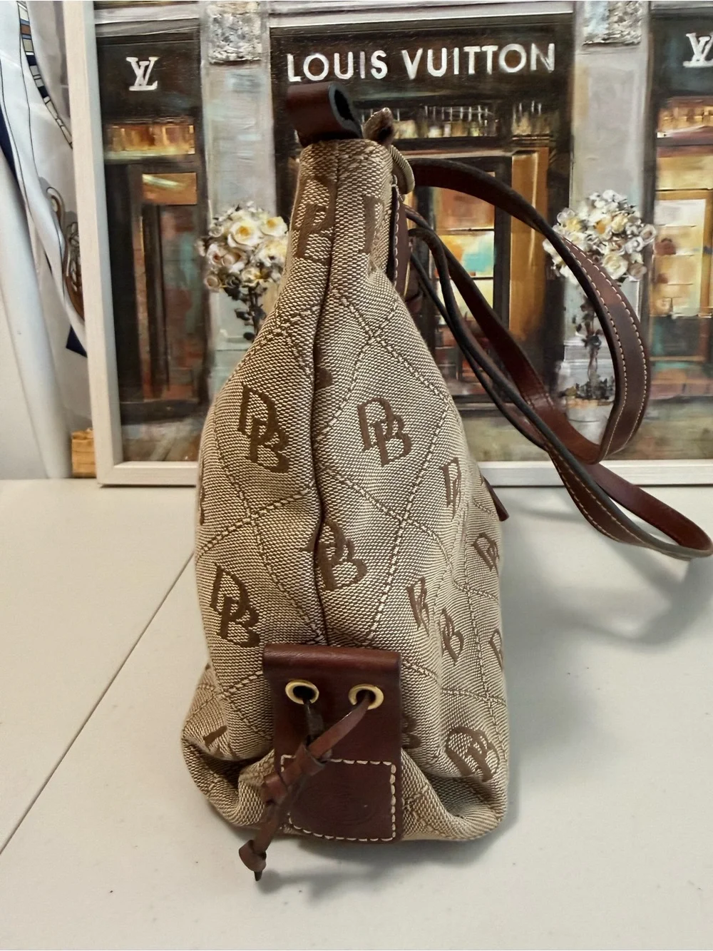 Dooney & Bourke Beige Monogram Quilted Tote with Brown Leather Trim